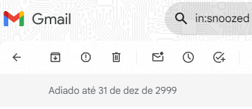 Captura de tela da caixa de entrada do Gmail mostrando um e-mail adiado até 31 de Dezembro de 2999