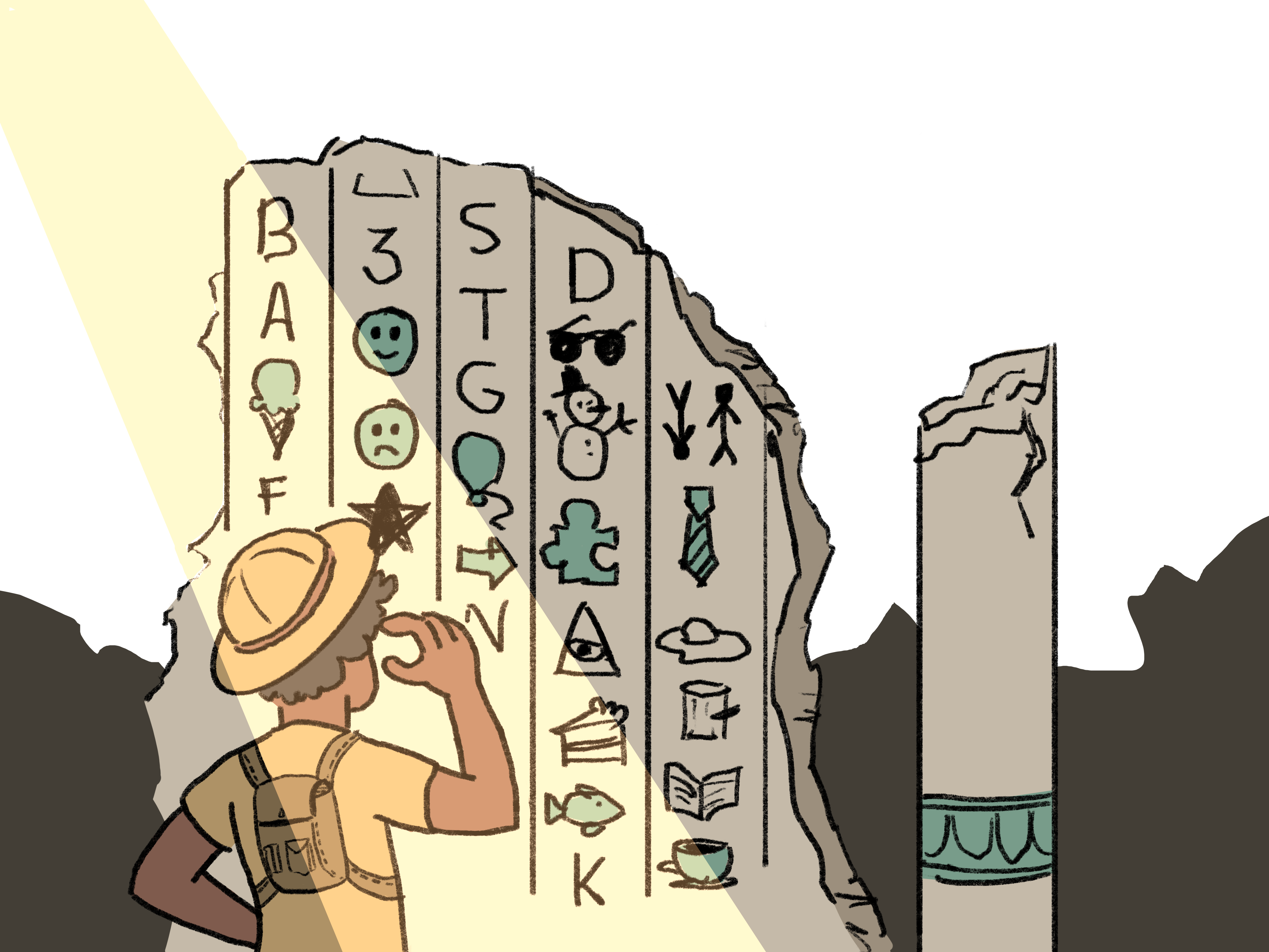 Person in adventurer-like clothes looking at some ruins with logographic writing and scratching their head trying to understand it