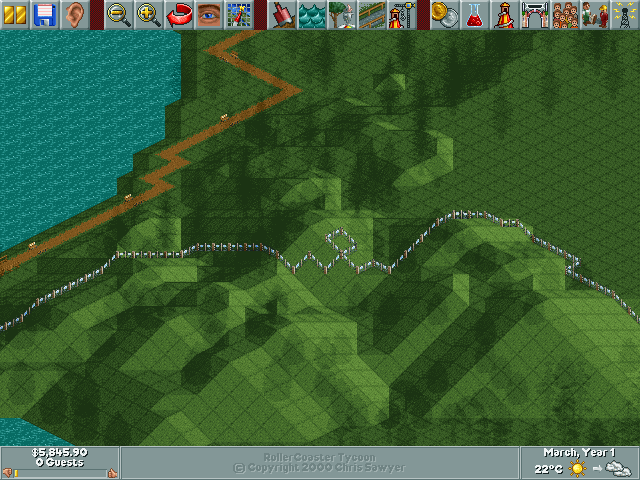 Screenshot of the RollerCoaster Tycoon's Leafy Lakes scenario showing a park with a single tile of unowned land in between the purchased ones.