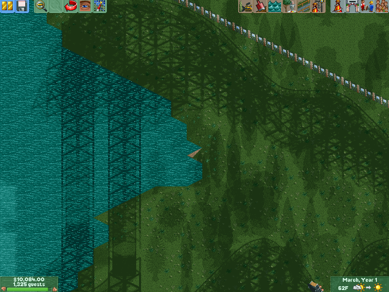 Screenshot of the RollerCoaster Tycoon2's *Six Flags Holland* scenario showing a tile where the water uncannily does not rest leveled with the land shore.