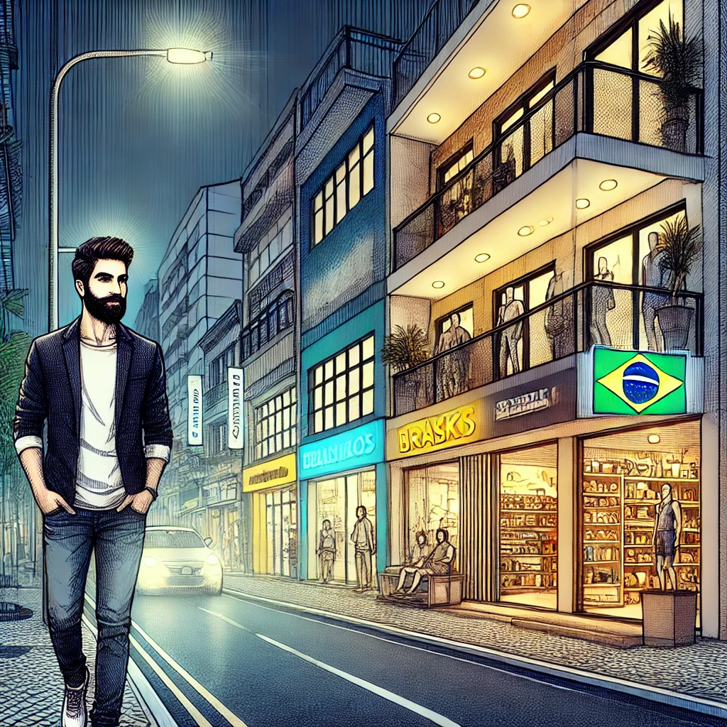 Image of bearded young adult male wearing blue jeans, white shirt and a blazer walking on the sidewalk of a busy city street with plenty of open stores