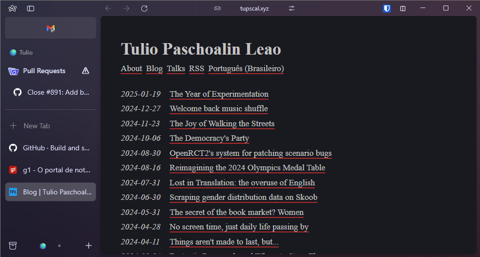 Picture of the Arc Browser window opened on Tulio's blog. It shows a sidebar on the left with a few tabs and Tulio's blog at the center-right