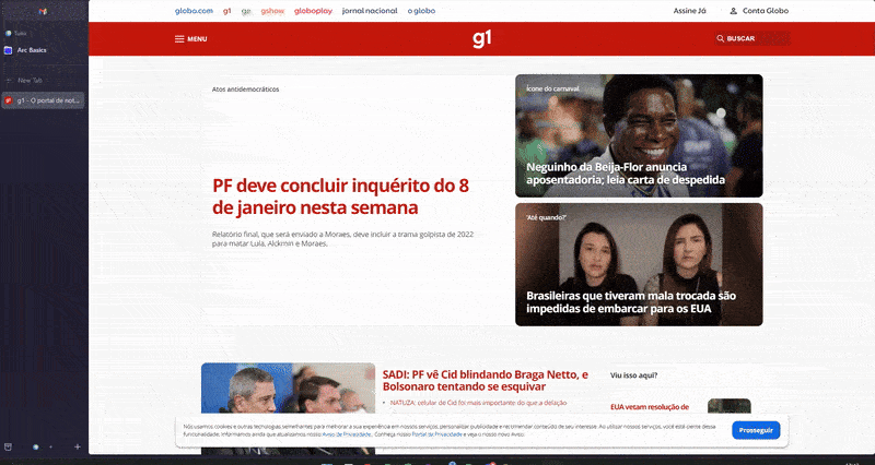 A short recording of the Arc Browser showing the use of the Peek feature on several links of a news page, opening and closing a window on top with previews of the page.