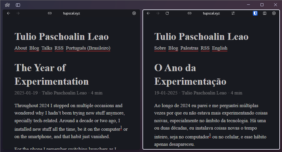 A screenshot of the Arc Browser with two pages split side-by-side using Arc's built-in split view feature.