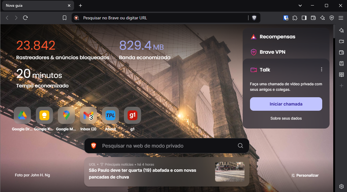 Picture of the Brave Browser window opened on its homepage. It shows a sidebar on the right with a few buttons for Brave features, like wallet and AI, and the central page shows Brave's privacy statistics, like how many trackers it has blocked and data saved