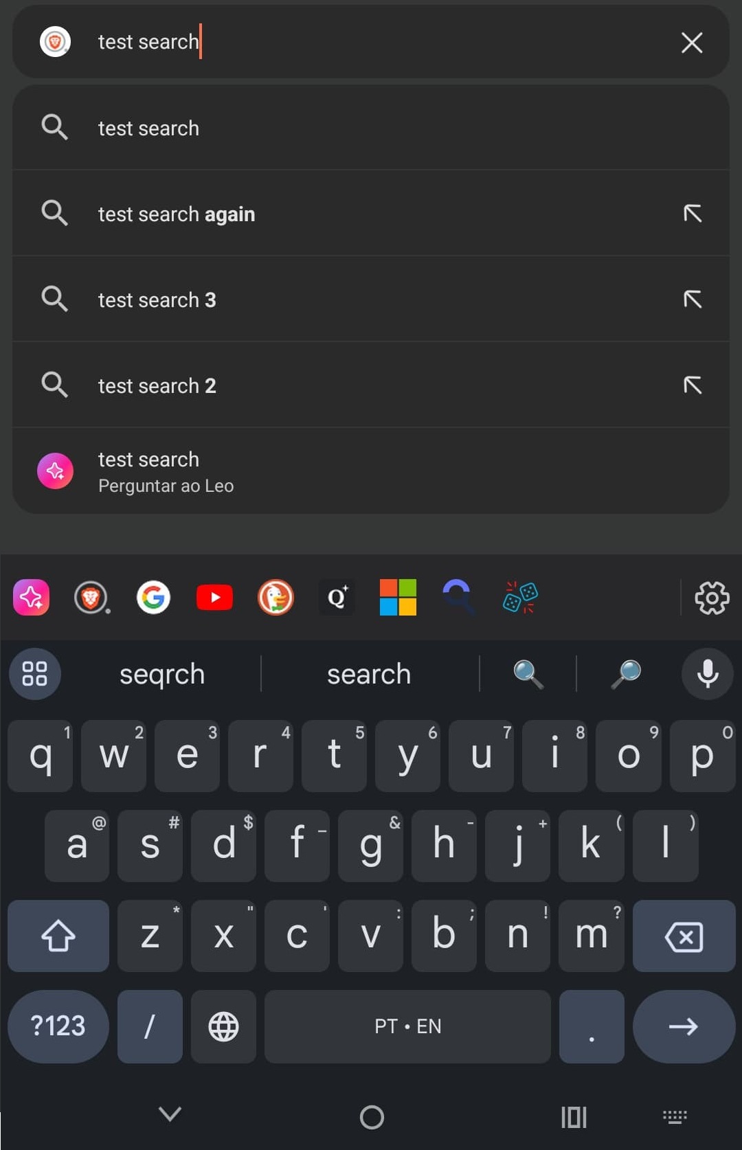 Picture of the Brave Browser on Android, with a search query and several small buttons at the bottom showing possible search engines
