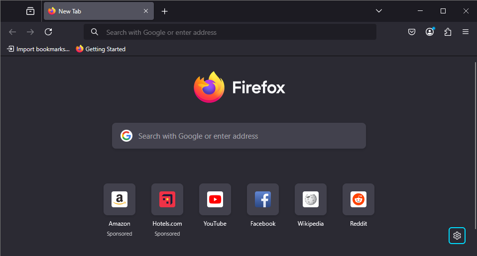 Picture of the Firefox Browser window opened on its homepage.