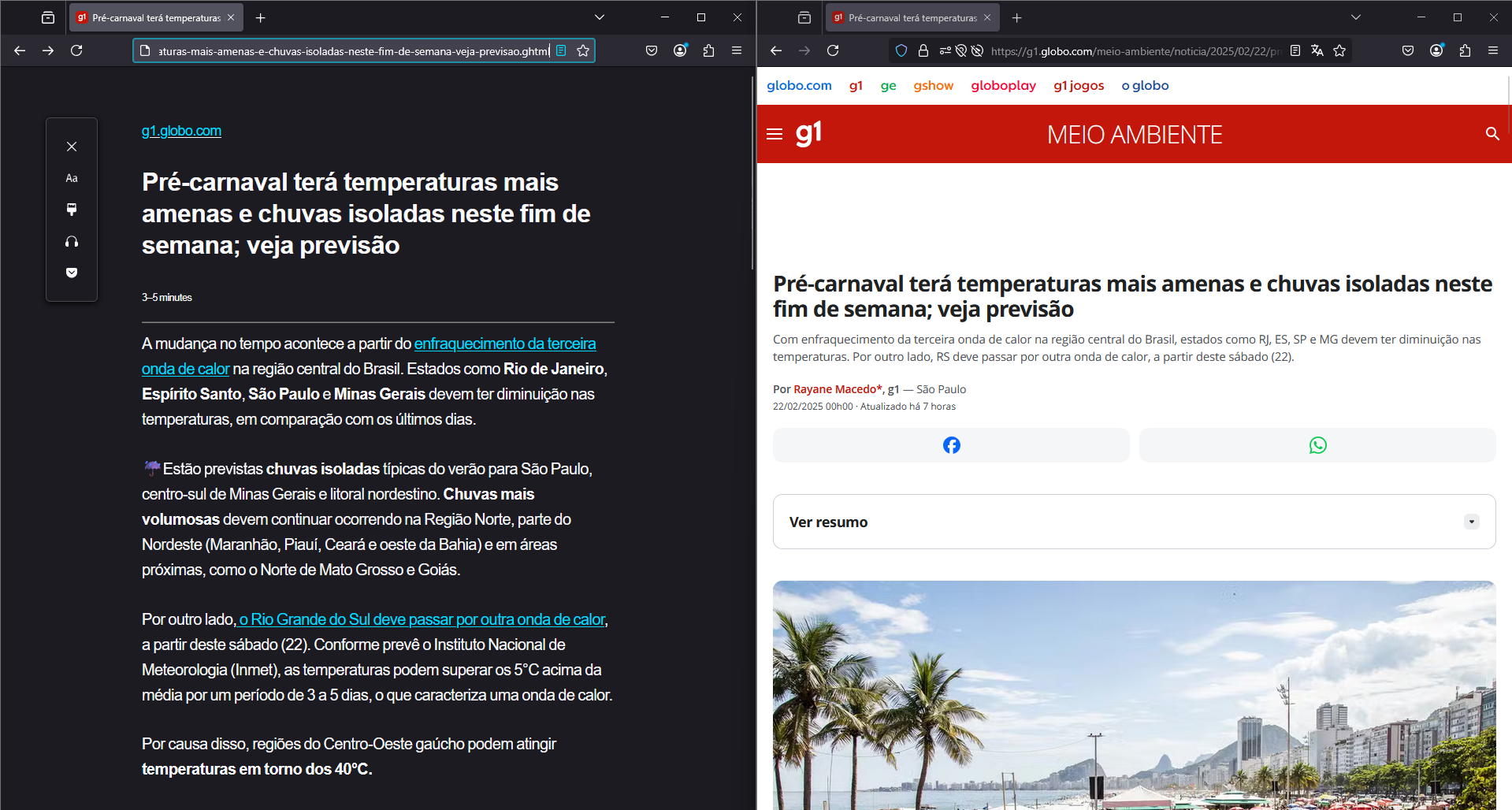 Picture of the same page opened on two side by side Firefox Browser windows. The left one is the reader view and has nothing but text, while the right is the page as it looks normally, with styling, ads, and more.