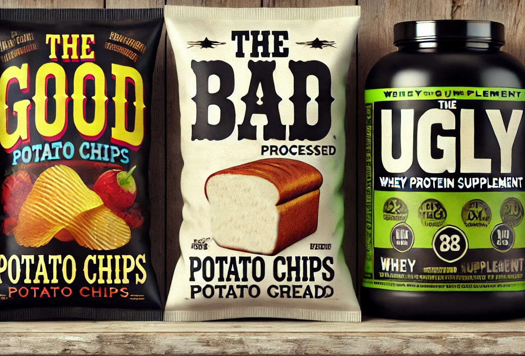 A imagem mostra um pacote de batata chips com o título "O Bom", um pacote de pão com o título "O Mau" e o de Whey com o título "O Feio"