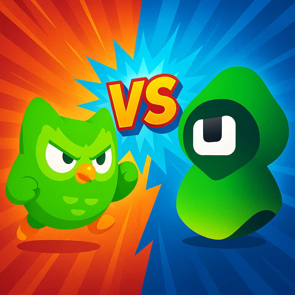 Picture showing the mascots of Duolingo and Brilliant facing each other