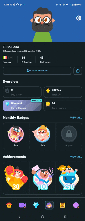 Animation showing multiple Duolingo tabs with plenty of gamification features