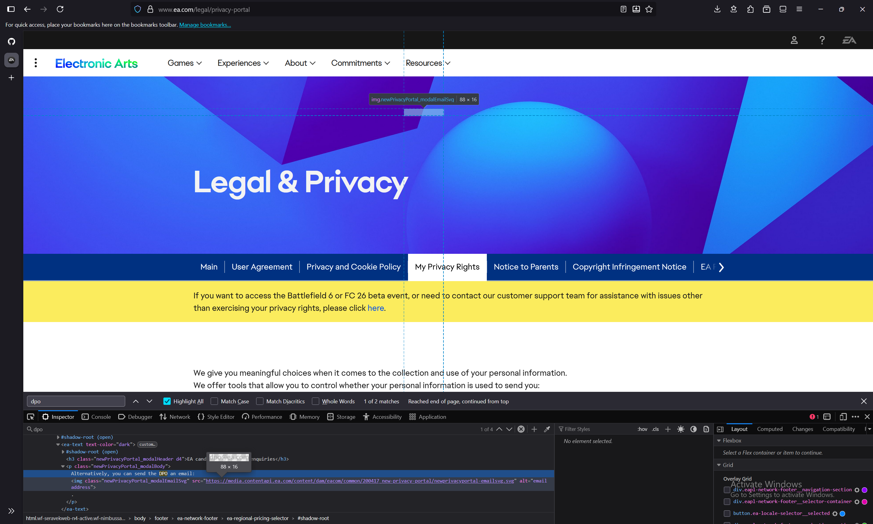 Uma captura de tela do navegador na página de privacidade da EA mostrando que o e-mail está mesmo escondido no código-fonte