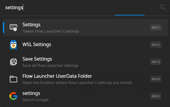 A screenshot of the flow launcher with the search term "Settings" and five results, showing you can quickly navigate to any by typing the corresponding Alt key plus the search result number.