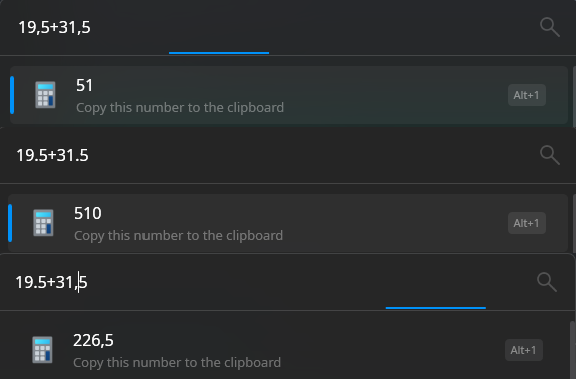 A screenshot of the flow launcher with the three attempts of summing up 19.5 and 31.5, mixing comma and dot as decimal separator and showing different results.