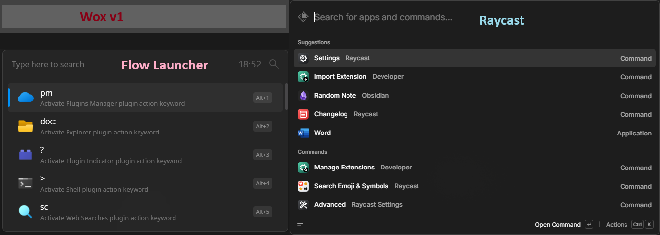 A montage of screenshots of the three different launchers. On the top left the search bar for wox, which is just a blank input line. On the bottom left the Flow Launcher which shows a blank input line with a search hint and the current time as well as some suggestions of shortcuts. On the right, Raincast has a different look, but similar feel as Flow Launcher.