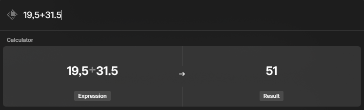 A screenshot of the Raycast launcher with the calculator open to do the calculation of 19,5 + 31.5. It outputs the correct results even with the mixed decimal separators.