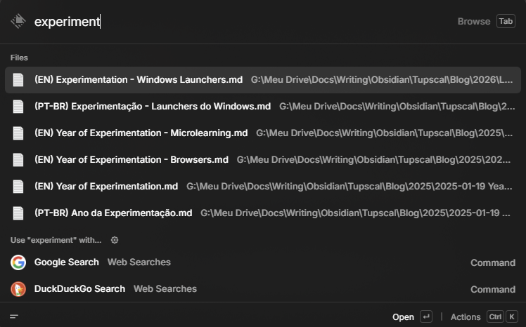 A screenshot of the Raycast launcher with the word "experiment" being searched and a list of matching results.