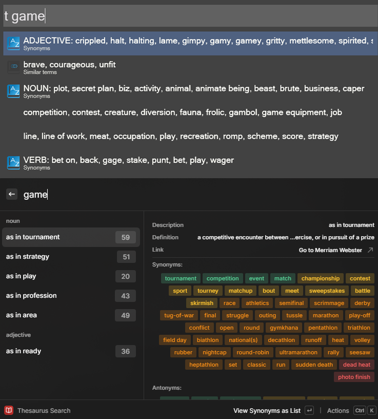 A screenshot of both Wox v1 and Raycast Thesaurus plugins showing the result for the search of "game" with Wox results being lengthy and non-organized and Raycast being very complete and categorized.