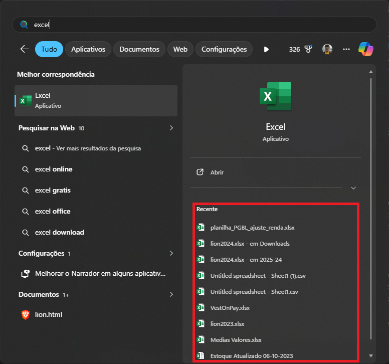 A screenshot of one usage of the windows launcher for seeing the recent actions and files of a given application's jump list. In this screenshot the user searched for "Excel", the Microsoft application, and saw a jump list of the 9 most recently used spreadsheets.