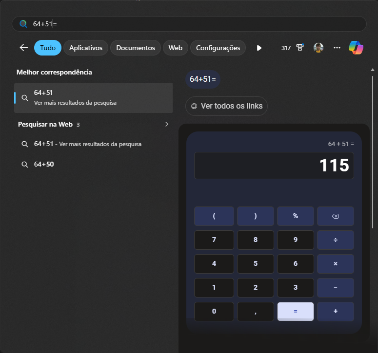 A screenshot of one usage of the windows launcher for doing a sum calculation. It shows the numbers 64+51 on the search bar at the top, the calculator with the operation and result on the right and an option to search for this expression on the web on the left.