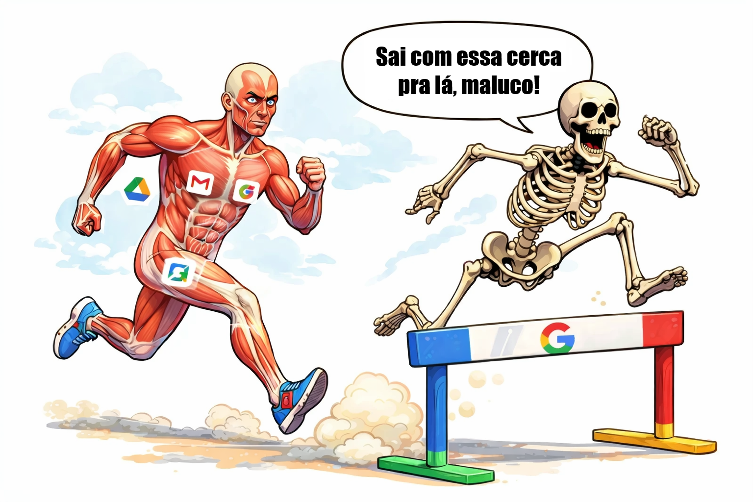 A imagem mostra um esqueleto pulando um obstáculo com temática do Google e dizendo "Sai com essa cerca pra lá, maluco!" e um corpo humano com músculos expostos e logos do Google embutidos correndo atrás dele