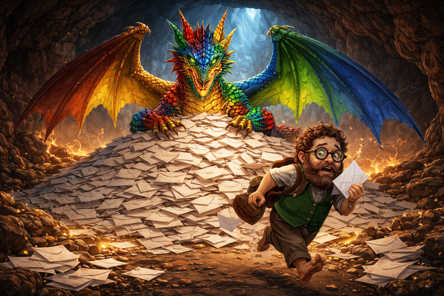 The image shows a dragon in a mountainous cave lying down atop a gigantic pile of e-mails. He is rainbow-patterned, resembling Google, and there is a small man looking terrified running from him with one of the mails in hand.