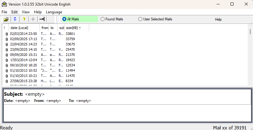 A simple window that looks a lot like an offline e-mail client with a list of e-mails showing the date, title, sender, recipients, size and a preview of the selected e-mail below.