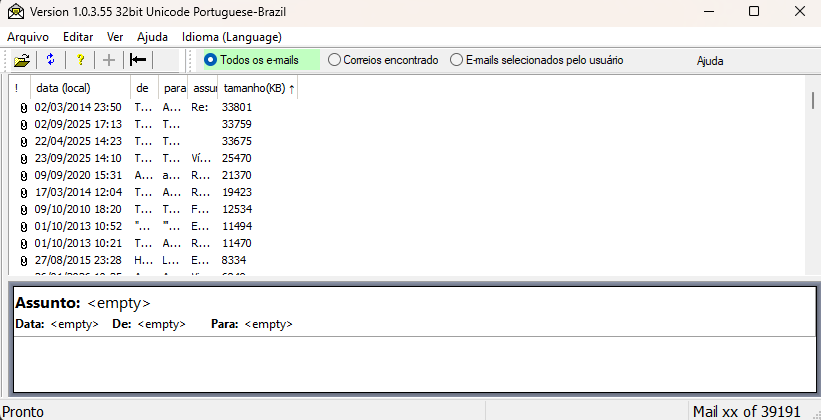 Uma janela simples que se assemelha a um cliente offline de e-mail mostrando a lista de mensagens com data, título, recipientes, tamanho e uma prévia do e-mail abaixo.