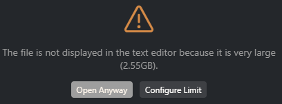A warning message shown by Visual Studio Code stating the file hasn't been displayed due to it being too large and allowing the user to open it anyway.