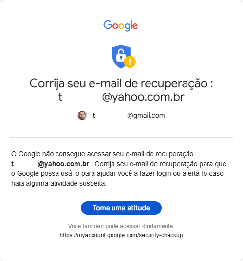 Um e-mail do Google indicando que um de meus e-mails de backup para recuperar o acesso à conta, usando o Yahoo, está inacessível.