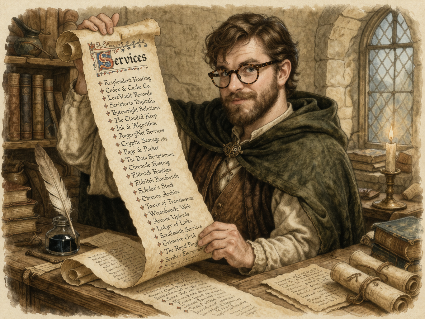 A imagem mostra um homem branco barbudo, vestido com roupas medievais e em um cenário medieval, segurando um longo papel, similar ao papiro, que contém uma lista interminável de falsos serviços de internet.
