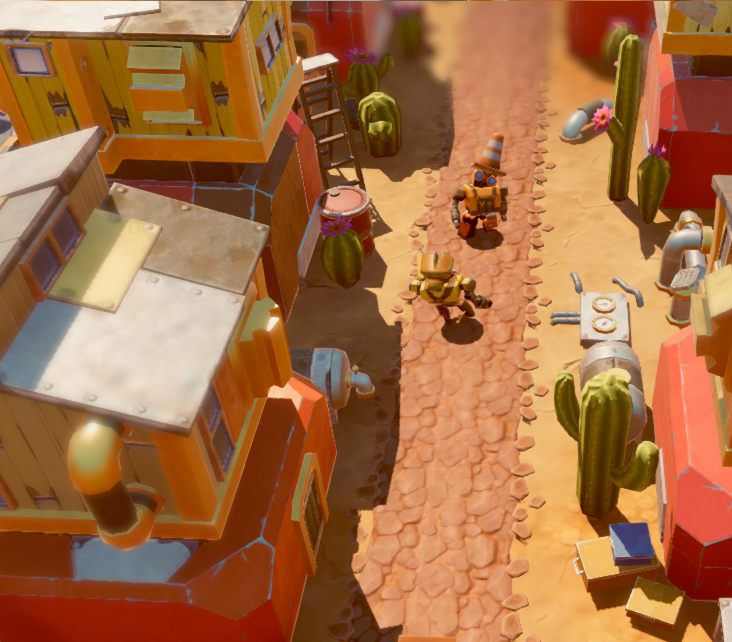 Captura de tela ampliada mostrando um robô engenheiro andando pela estrada de terra ao longo de casas de engenheiros.