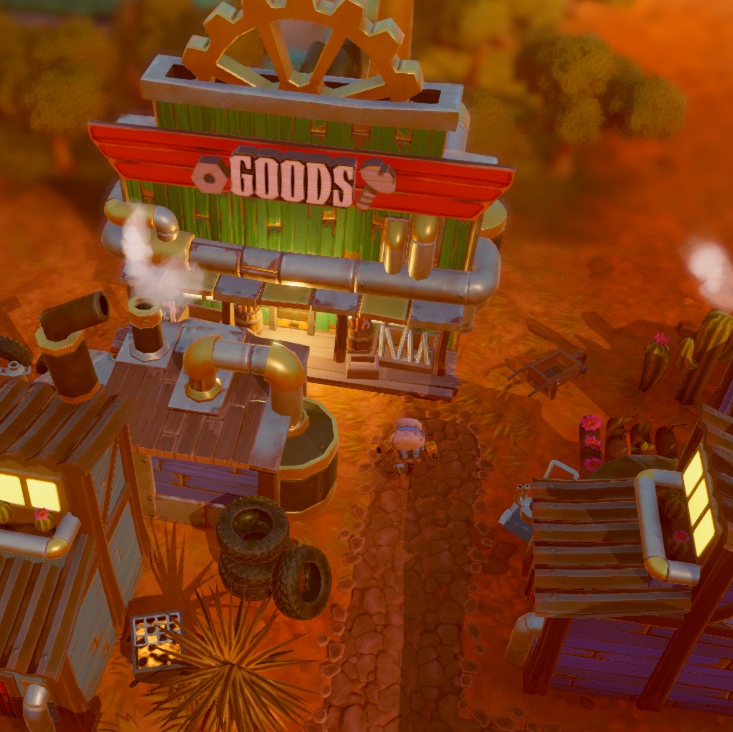 Captura de tela muito ampliada mostrando um trabalhador robô andando pela estrada de terra em direção ao armazém geral ao lado de algumas casas de trabalhadores.