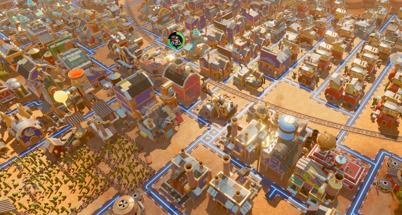 Captura de tela do jogo ao longe mostrando que conforme ele se desenvolve, as casas mais próximas do centro se tornam das classes mais avançadas.