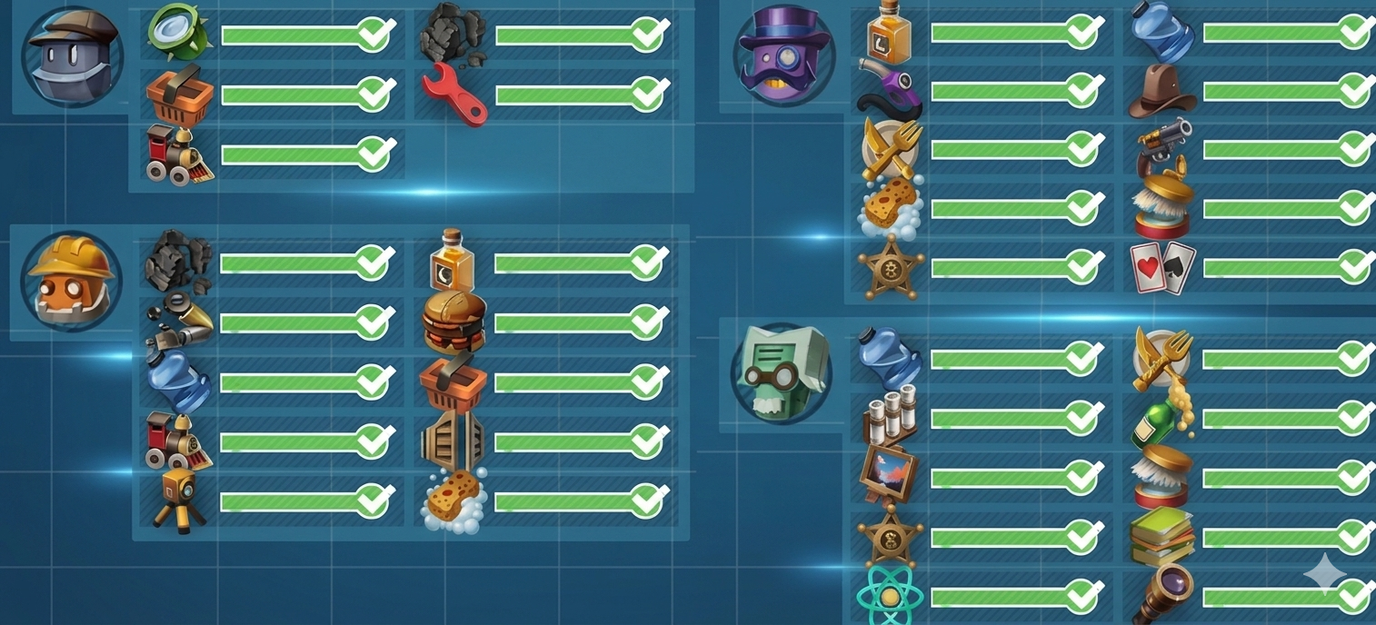 Uma colagem dos 4 tipos de robôs do jogo e suas necessidades, com os trabalhadores demandando apenas 5 artigos enquanto os outros três pedem por 10 coisas de complexidade e custo mais elevado.