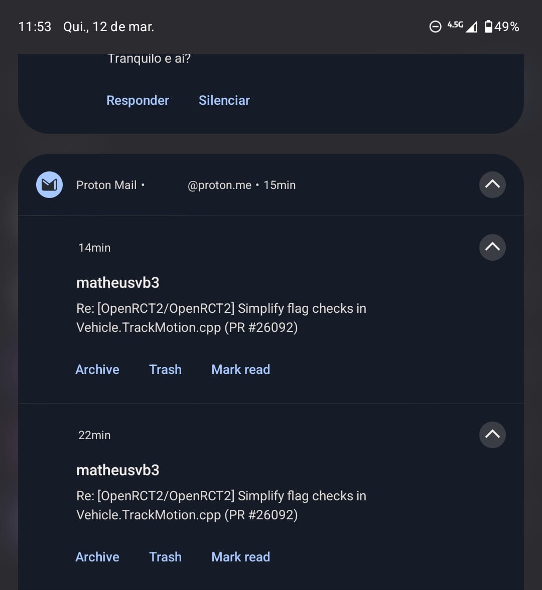 Screenshot showing two e-mails on the same thread, shown as different notifications