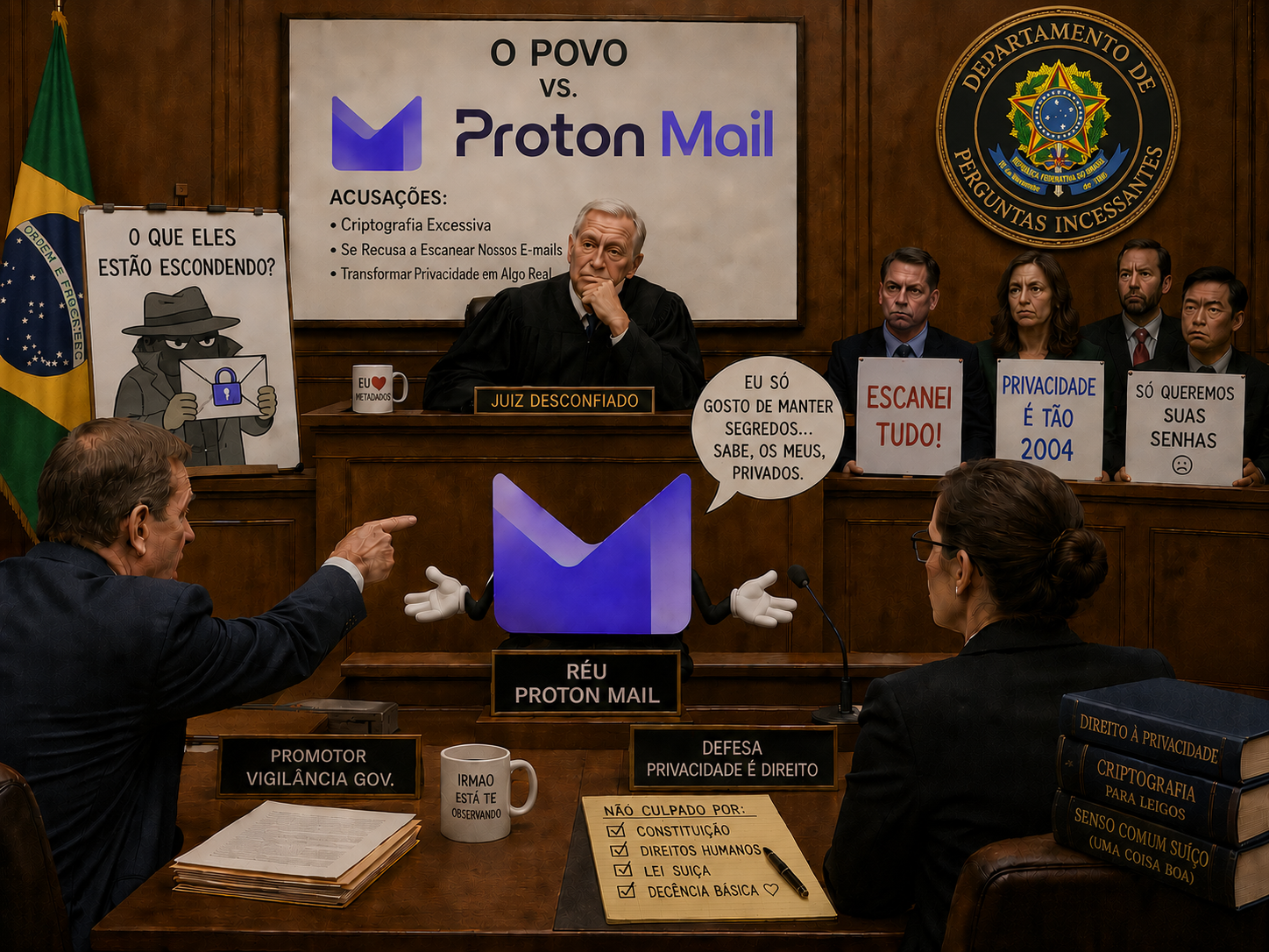 The image shows a fake court with the prosecutor and defense presenting different arguments as to why use the proton mail, several of which being common knowledge, but also many being jokes.