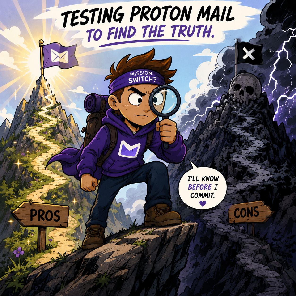 The image shows a cartoon man with serious face wearing a Proton mail hoodie and holding a magnifier while behind him there are two distinct mountains: one epic on the "pros" side and a treacherous one on the "cons" side.