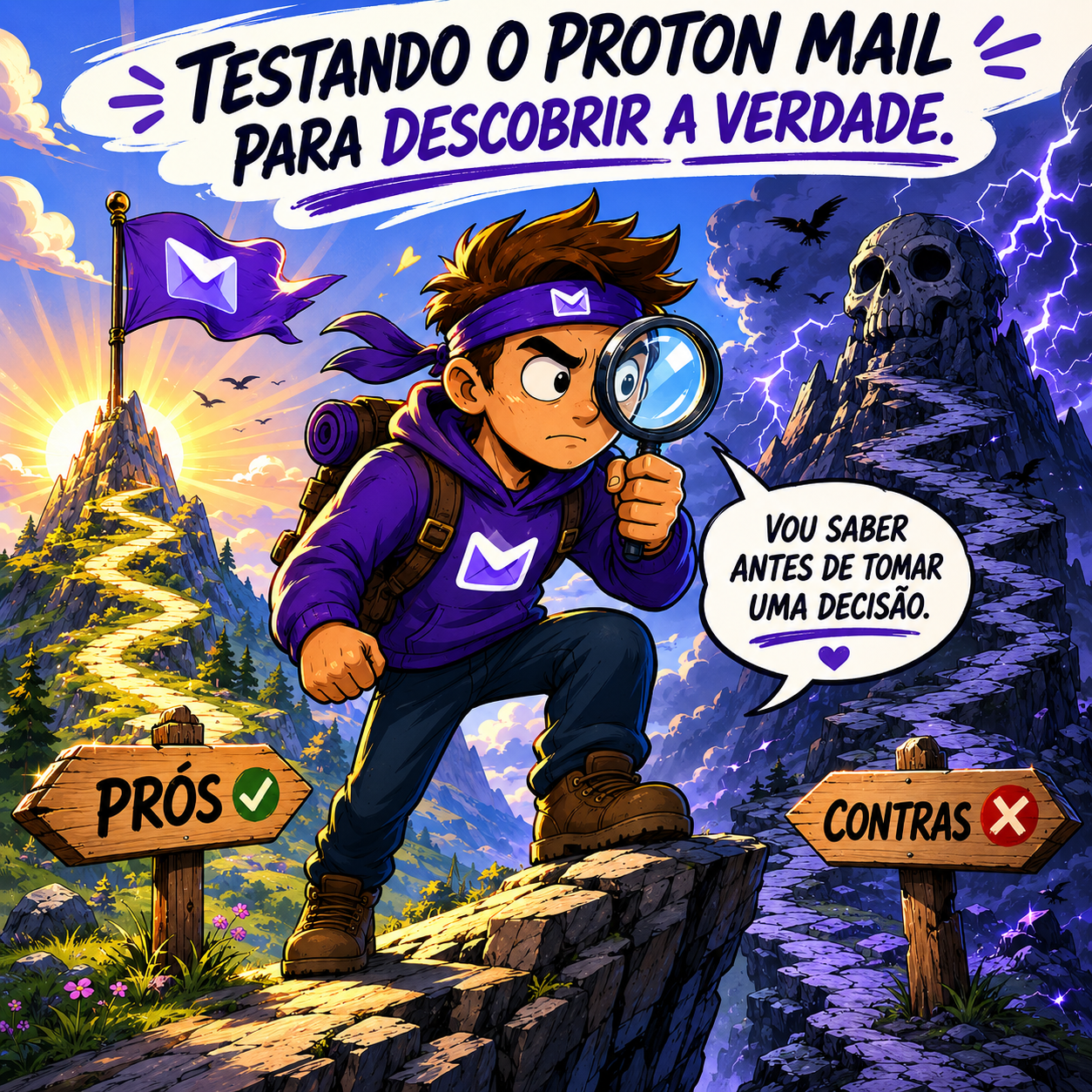 A imagem mostra um homem cartunesco com cara séria vestindo um moletom do Proton Mail e segurando uma lupa enquanto atrás dele há duas montanhas, uma épica dos "prós" e outra traiçoeira dos "contras".