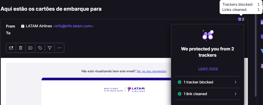 Screenshot of the Proton Desktop app showing that a message received from LATAM has one tracker blocked and one link cleaned.