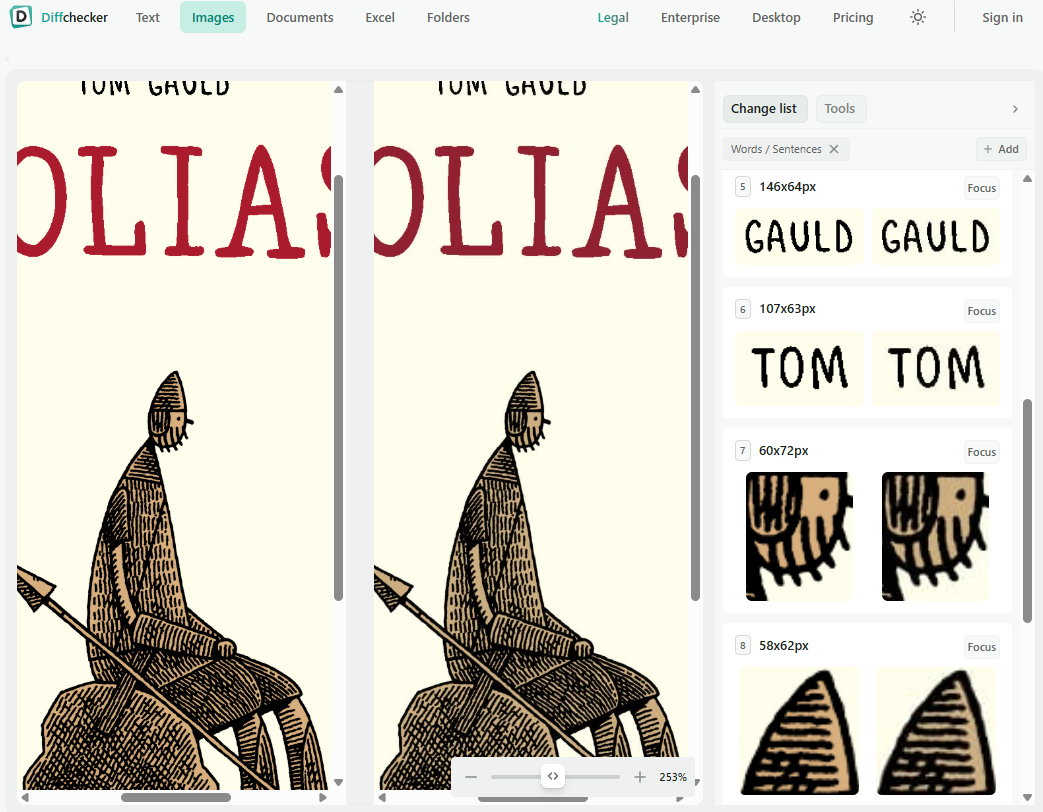 A side-by-side comparison of part of the Goliath book cover, showing where it changed, mostly losing some vividness in the colors.