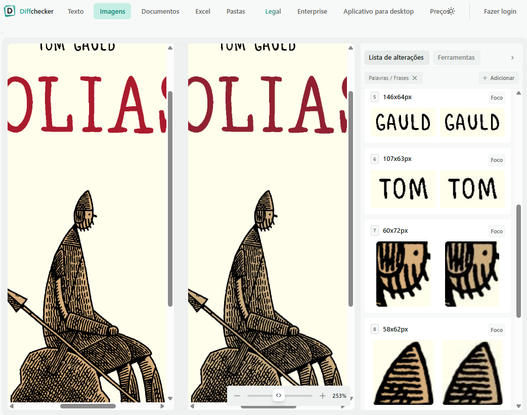 Uma comparação lado a lado de parte da capa do Golias, mostrando onde ela foi alterada, majoritariamente na intensidade das cores.