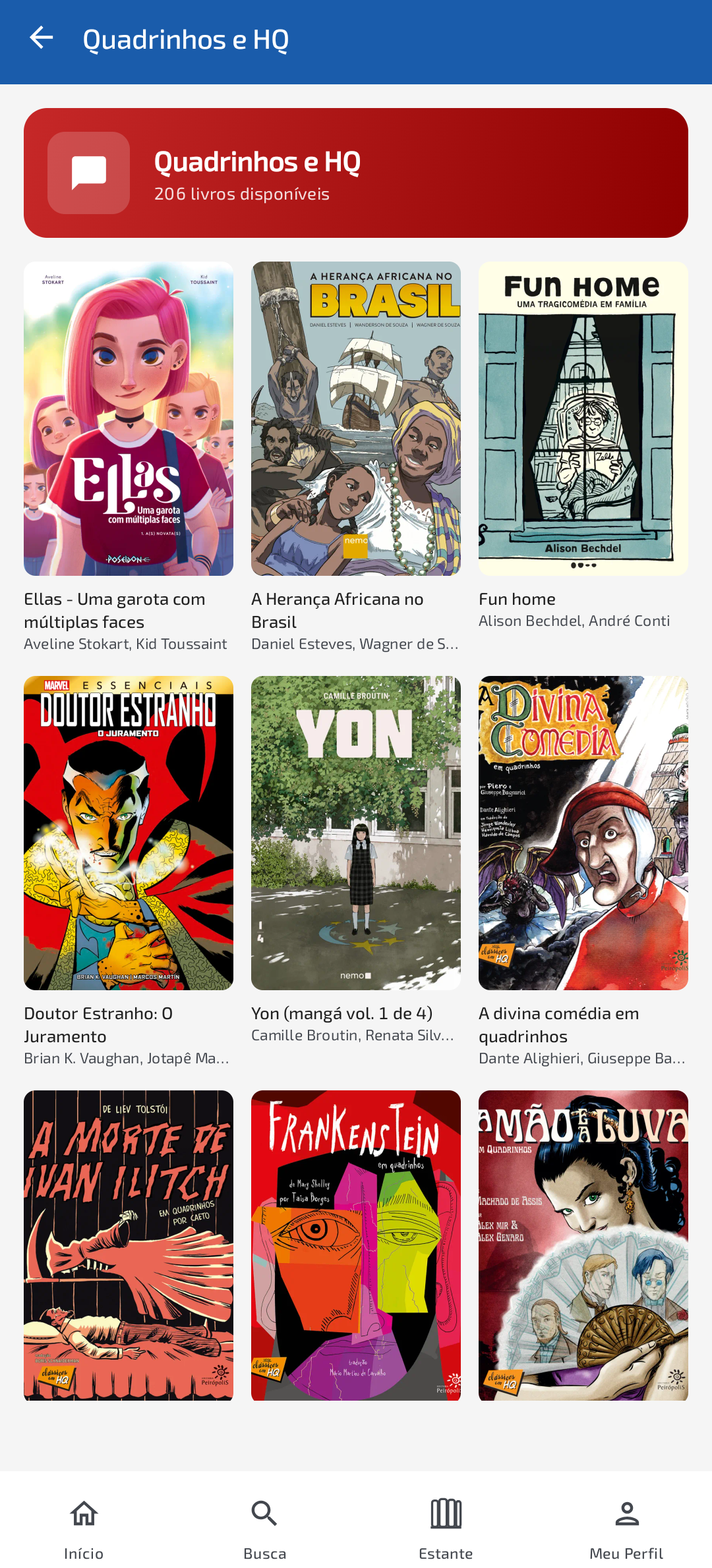 A imagem mostra uma captura de tela do aplicativo MEC Livros para Android mostrando 9 capas de livros indo desde gibis da Marvel muito conhecidos até clássicos como o Frankenstein.