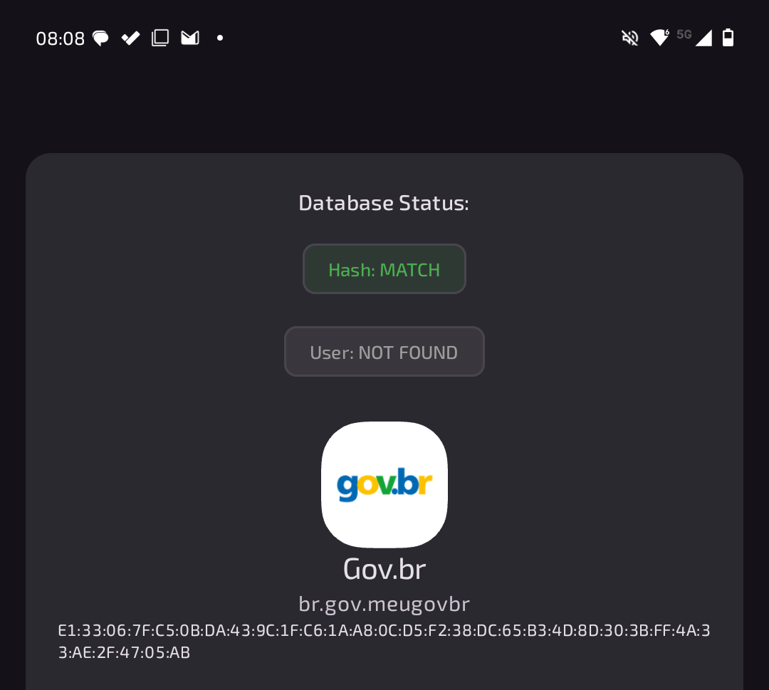 Screenshot of the gov.br app on the AppVerifier app which shows a hash signature.