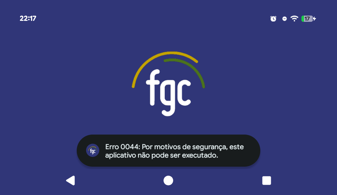 Screenshot of the FGC app start screen with a small error: "0044 app cannot be run for security reasons".