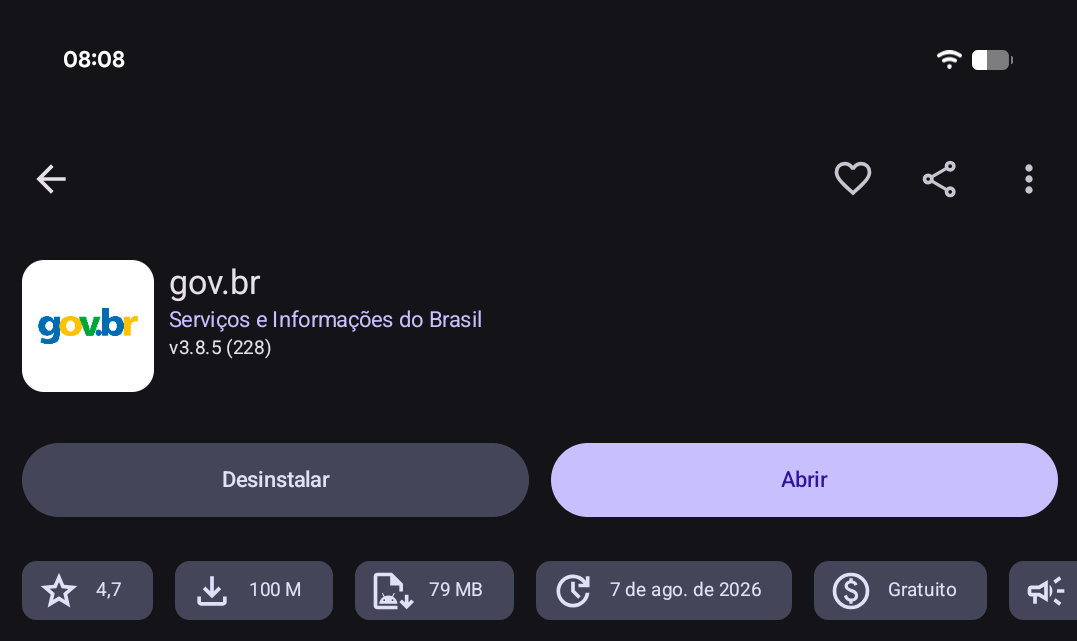 Screenshot of the Aurora Store showing the gov.br app available for installation without any restriction.