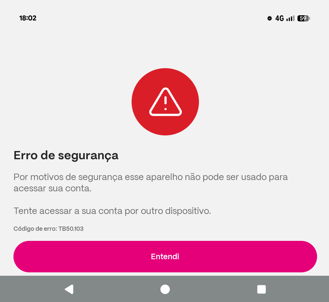 Screenshot of the Tembici app start screen with a small error "TB50.103 app cannot be run for security reasons".