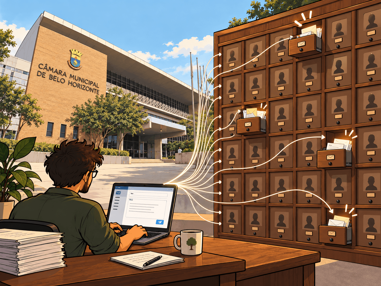 An image showing the Belo Horizonte City Council building at the back, with the author at the front sitting in a desk typing an e-mail that is being routed to 41 different boxes, only 4 of which are open
