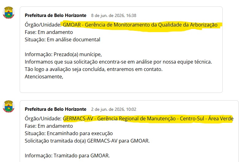 The image shows the Belo Horizonte City Hall requests page with two answers in succession where the department identification changed
